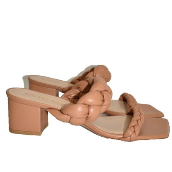 $500 Stuart Weitzman Playa Braided Block-heel Sandals Tan LEATHER 6.5 (DB12)